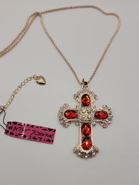 Betsey Johnson Celtic Cross Pendant Gold Tone  Red and Clear Crystals 28" Chain